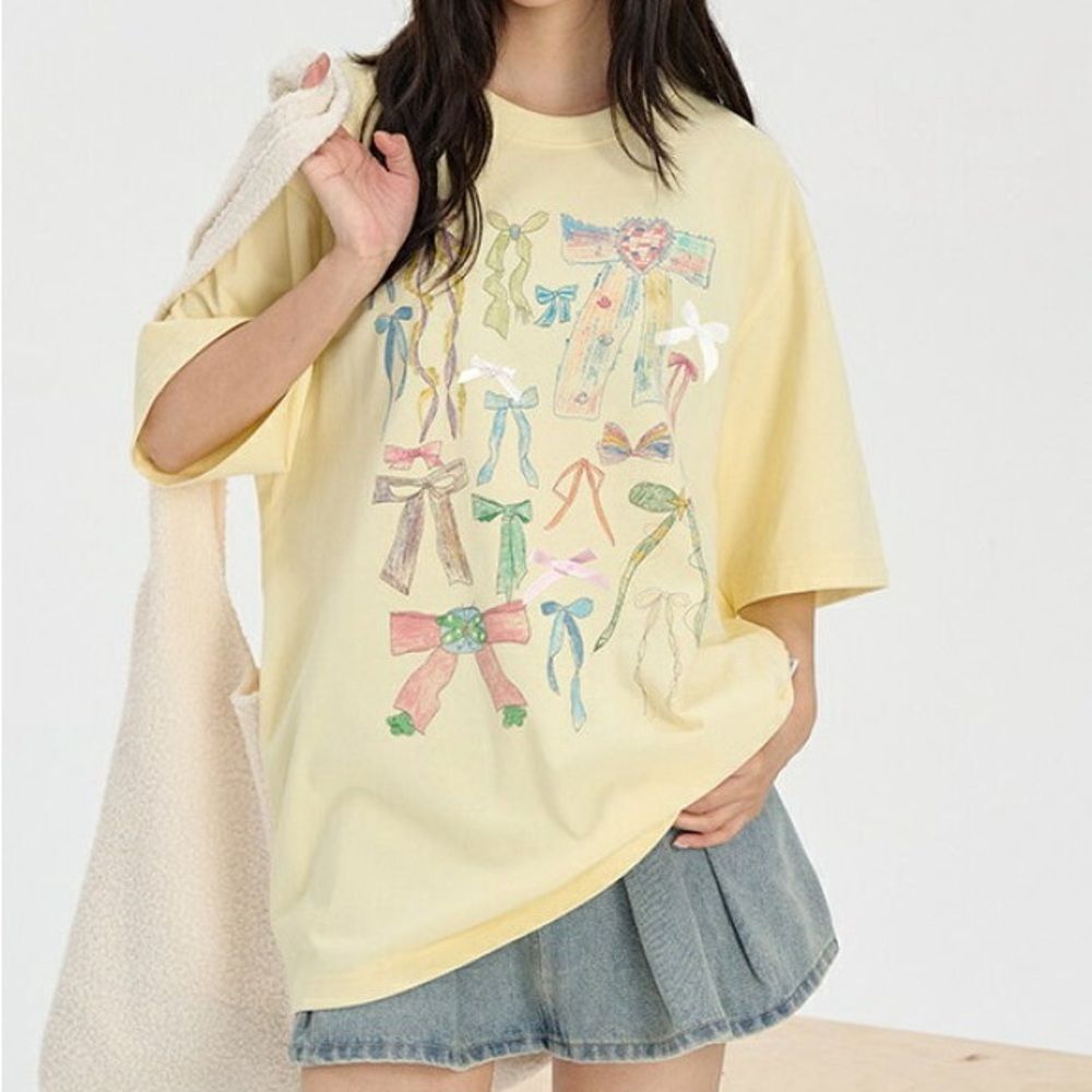 F426 Yellow Printed Graphic T-Shirt with Bows Small